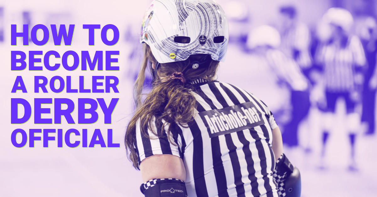 A Purple tinted photo of the back of a roller derby official wearing a striped shirt with the text "Artichoke-her" on the back. The official is wearing a white helmet with her curly, brown hair in a pony tail. The overlay in white text reads "HOW TO BECOME A ROLLER DERBY OFFICIAL"